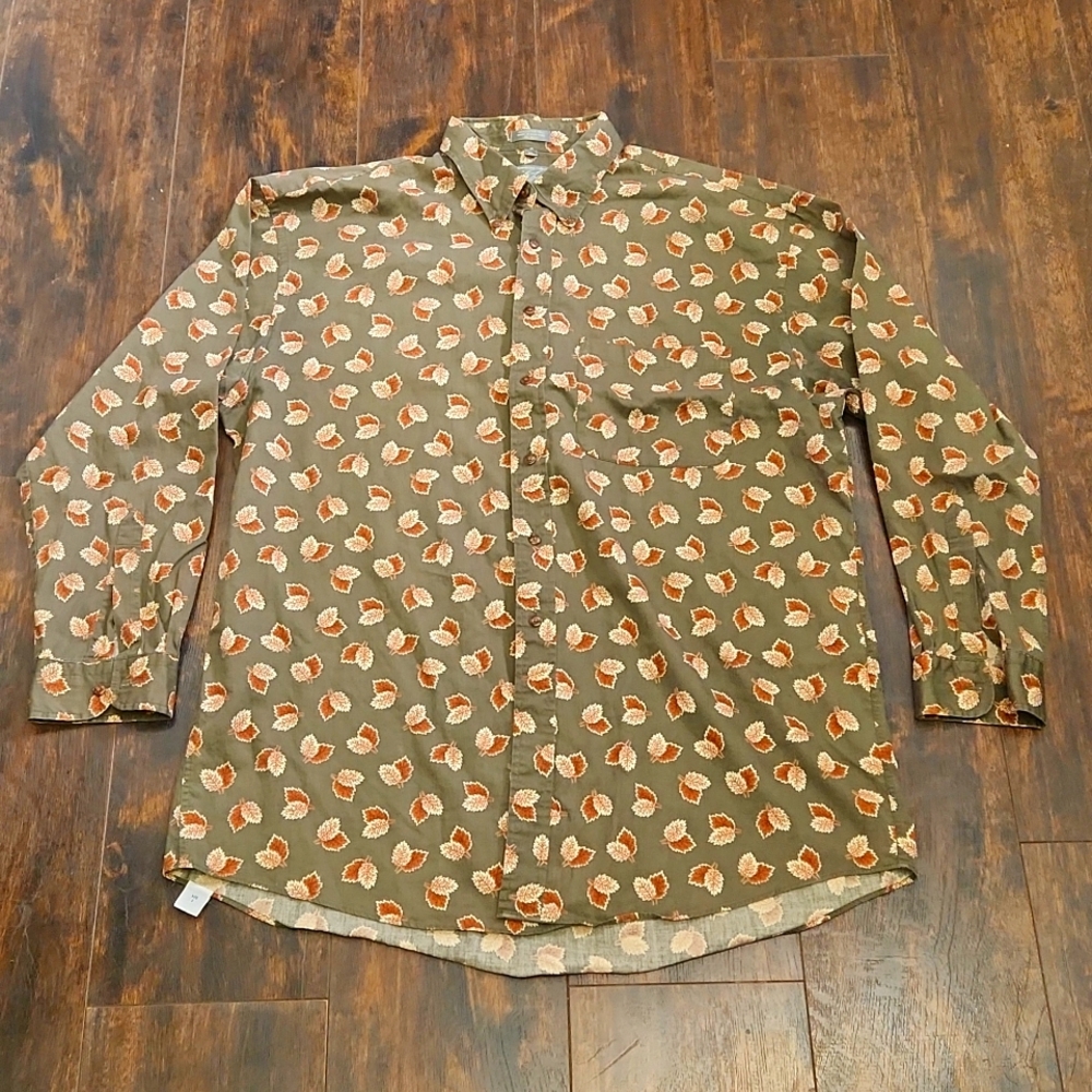 LORD & TAYLOR leaf print shirt XL olive green Kensington collection button down